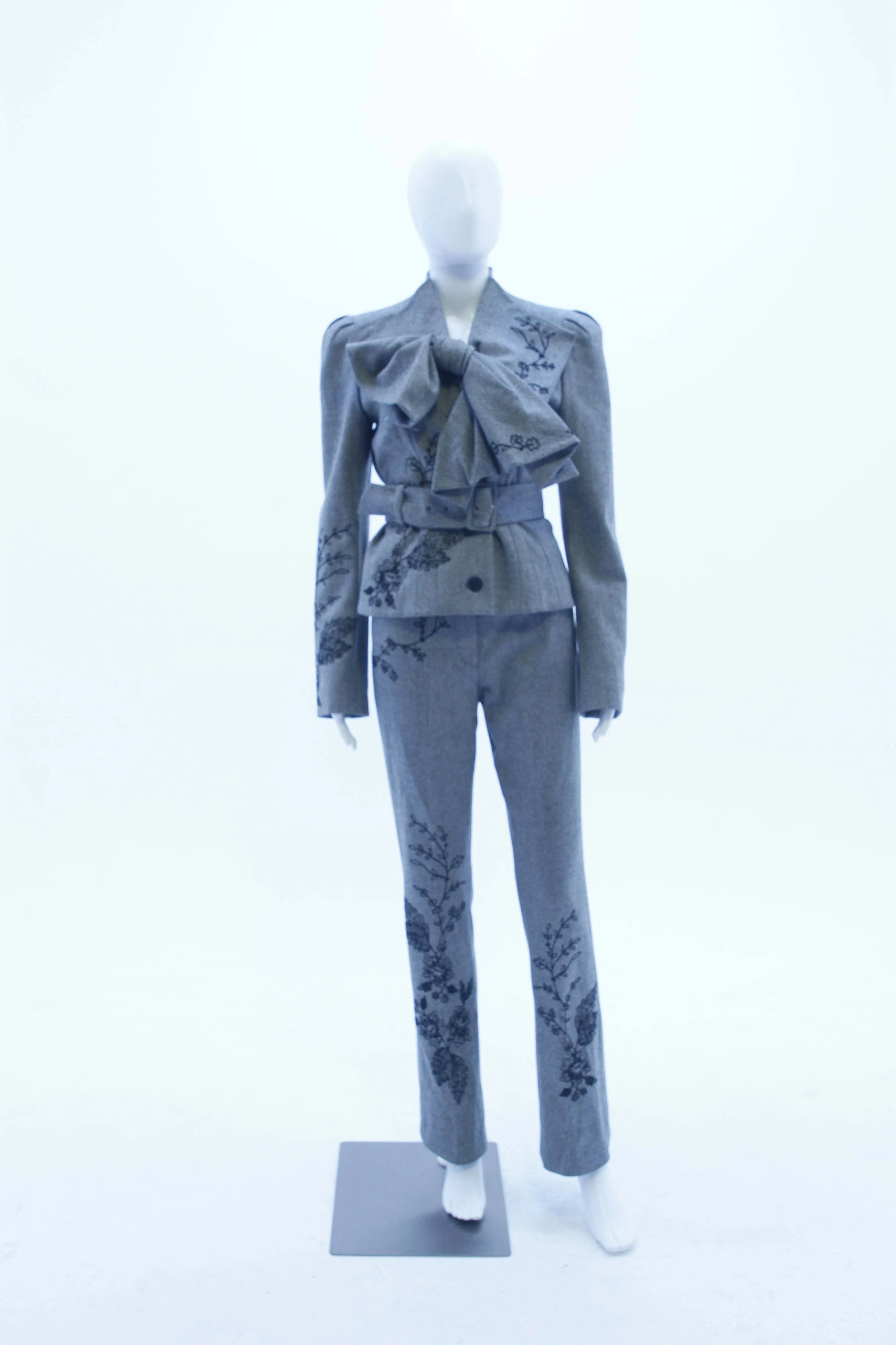 John Galliano Grey Houndstooth Pants Suit with Bow Jacket