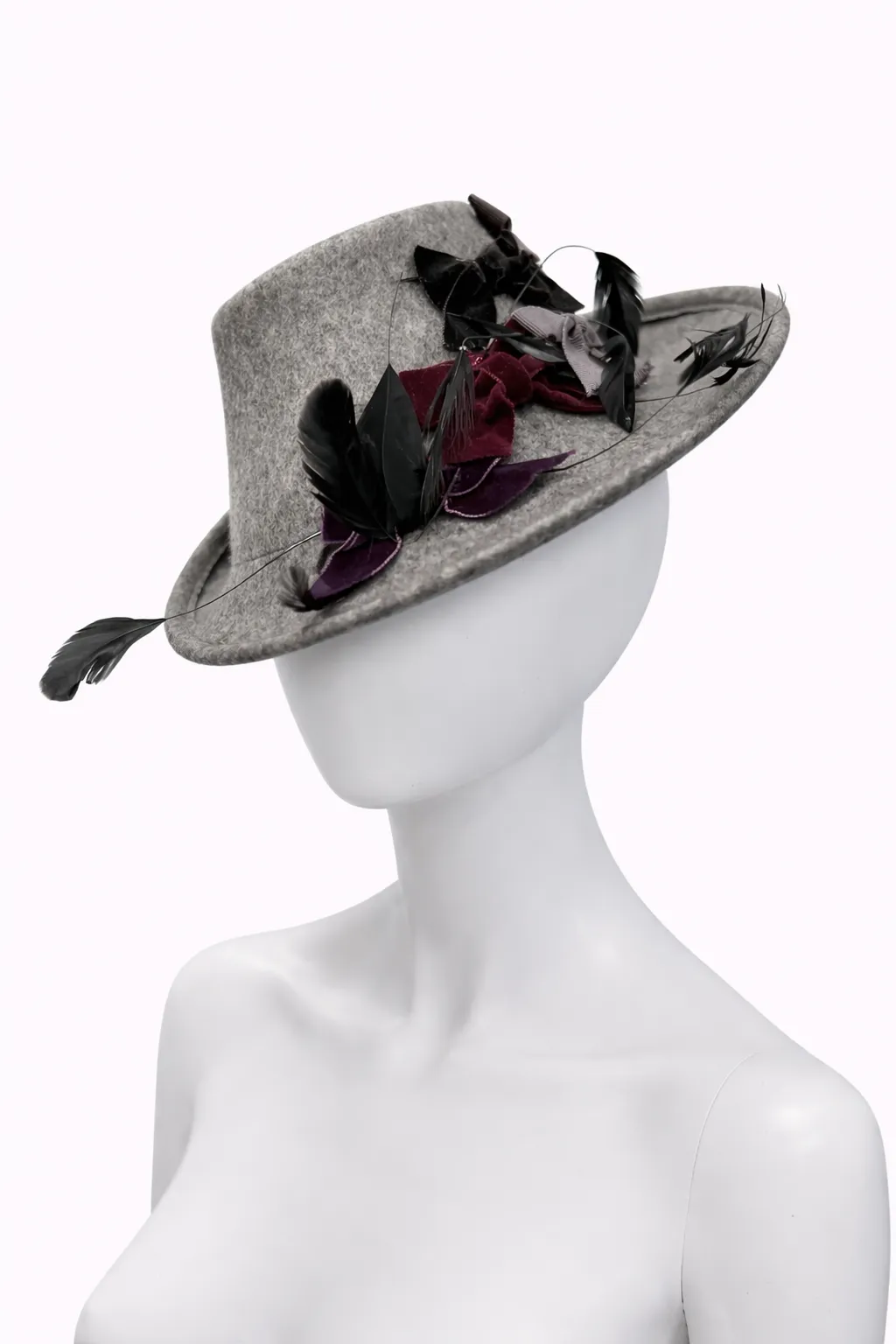Vintage English Grey Wool Felt Top Hat with Feather & Velvet Appliqué
