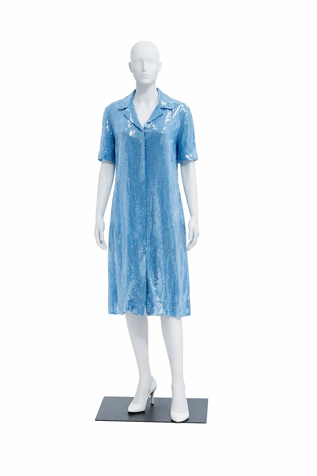 1970's Halston Blue Sequin Shirt Dress