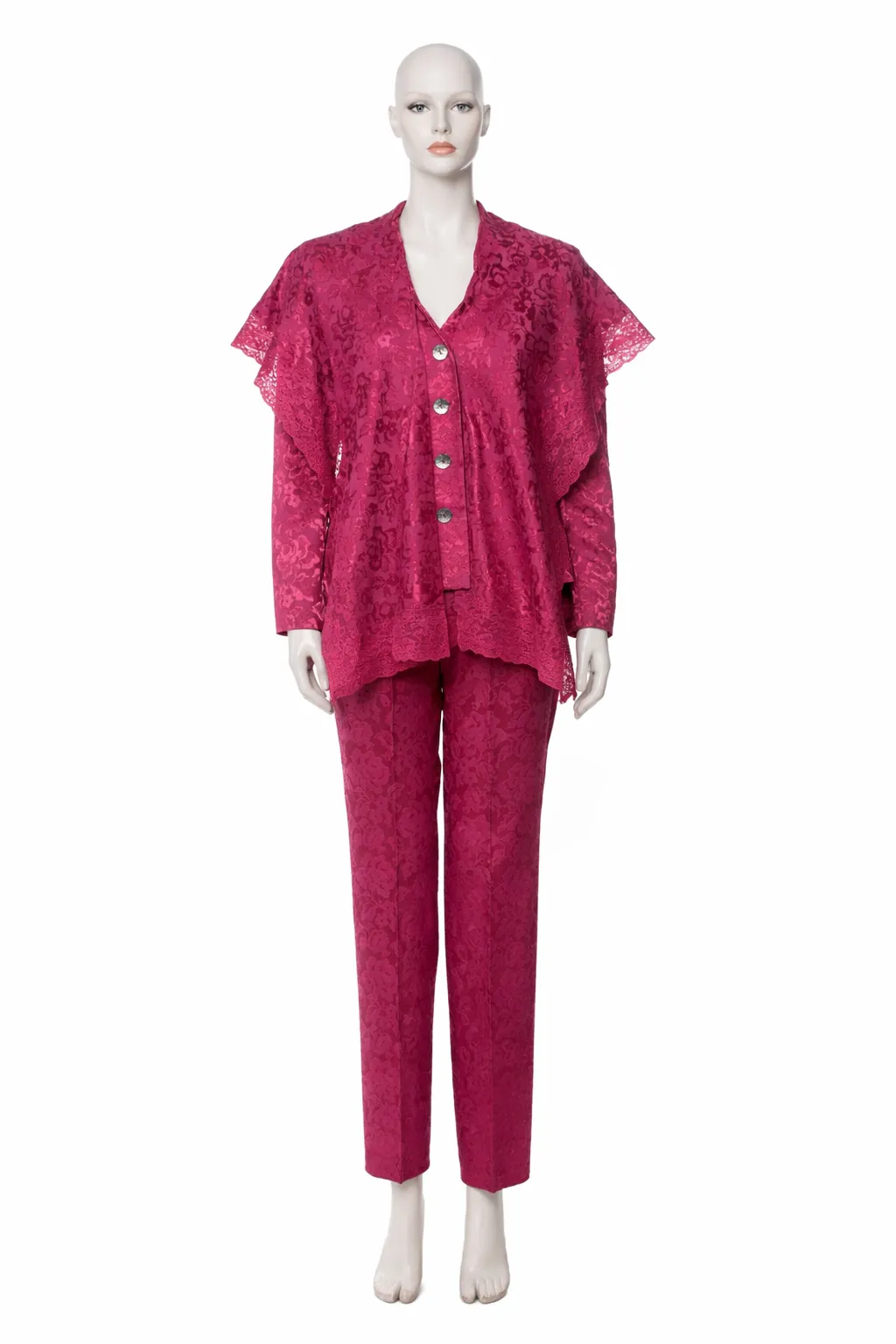 Title: Christian Dior Fall/Winter 1998 Fuchsia Lace Capelet Suit
