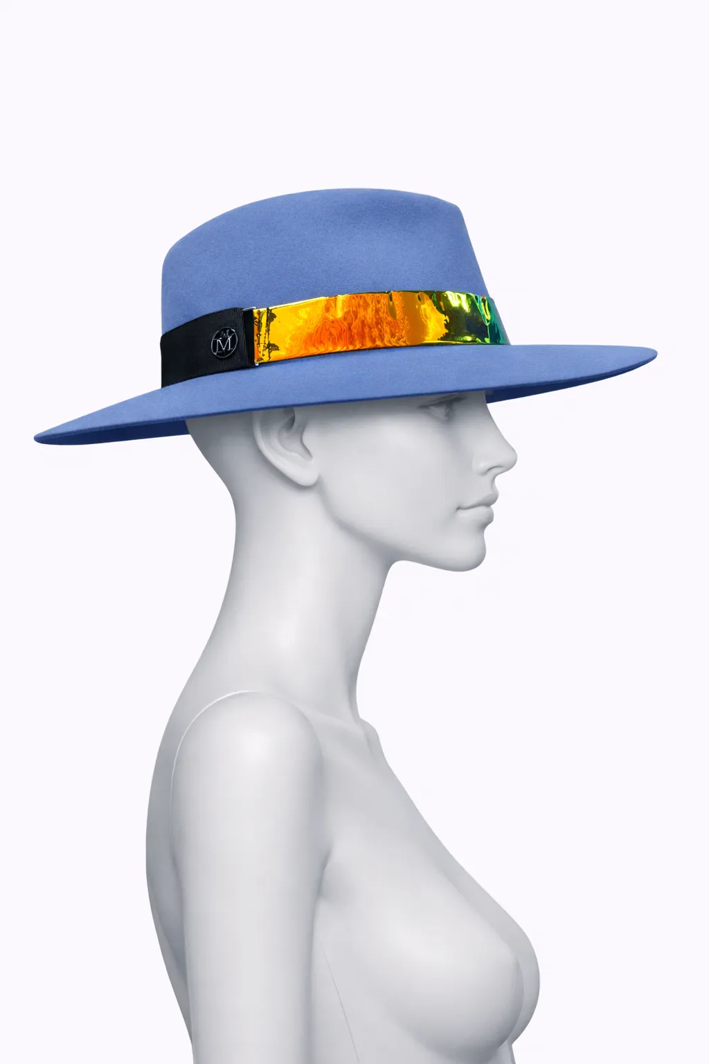 Maison Michel Blue Felt Fedora with Iridescent Plaque Detail