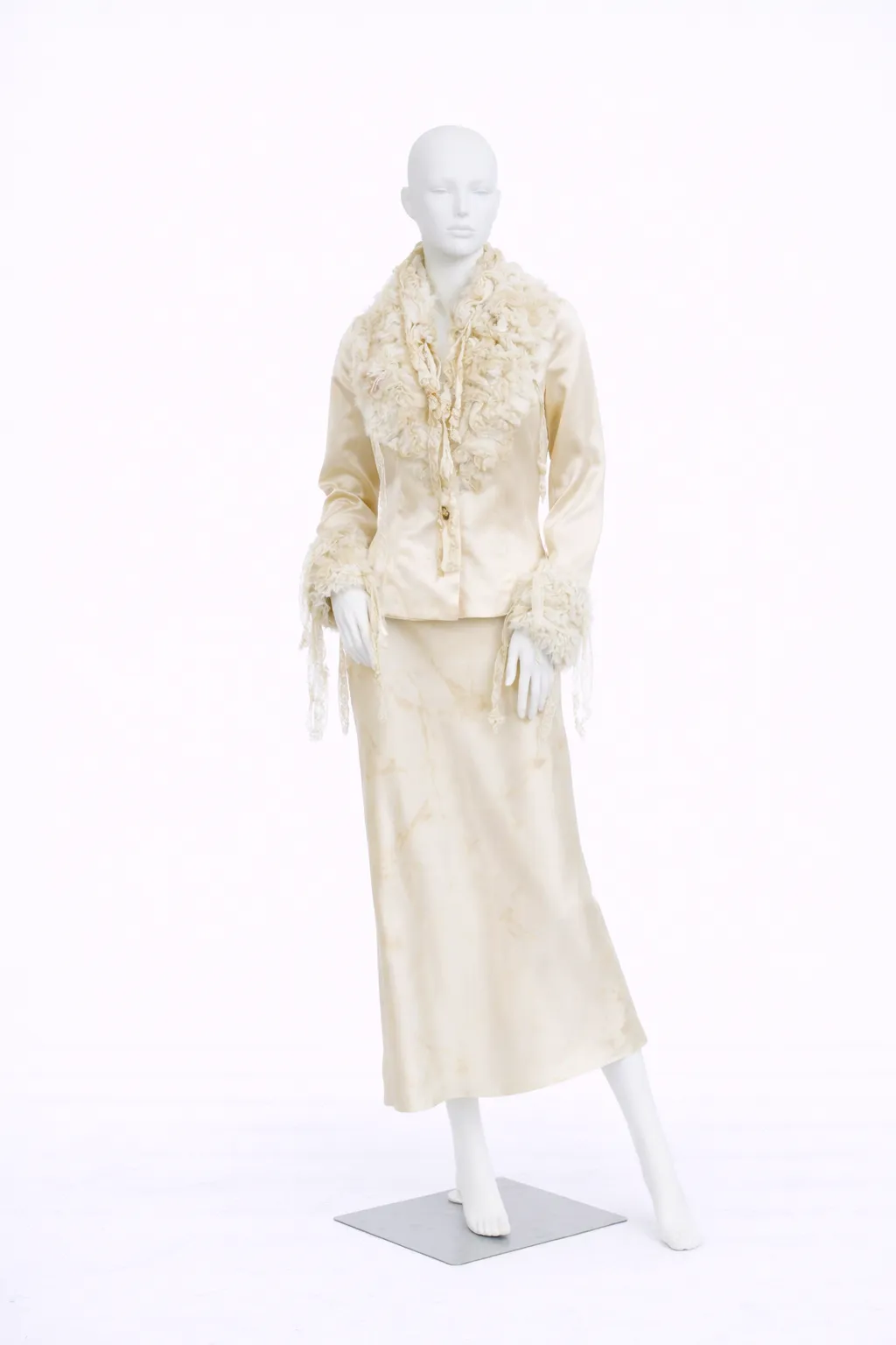 John Galliano Silk Skirt Suit with Fur and Chiffon Collar and Cuffs