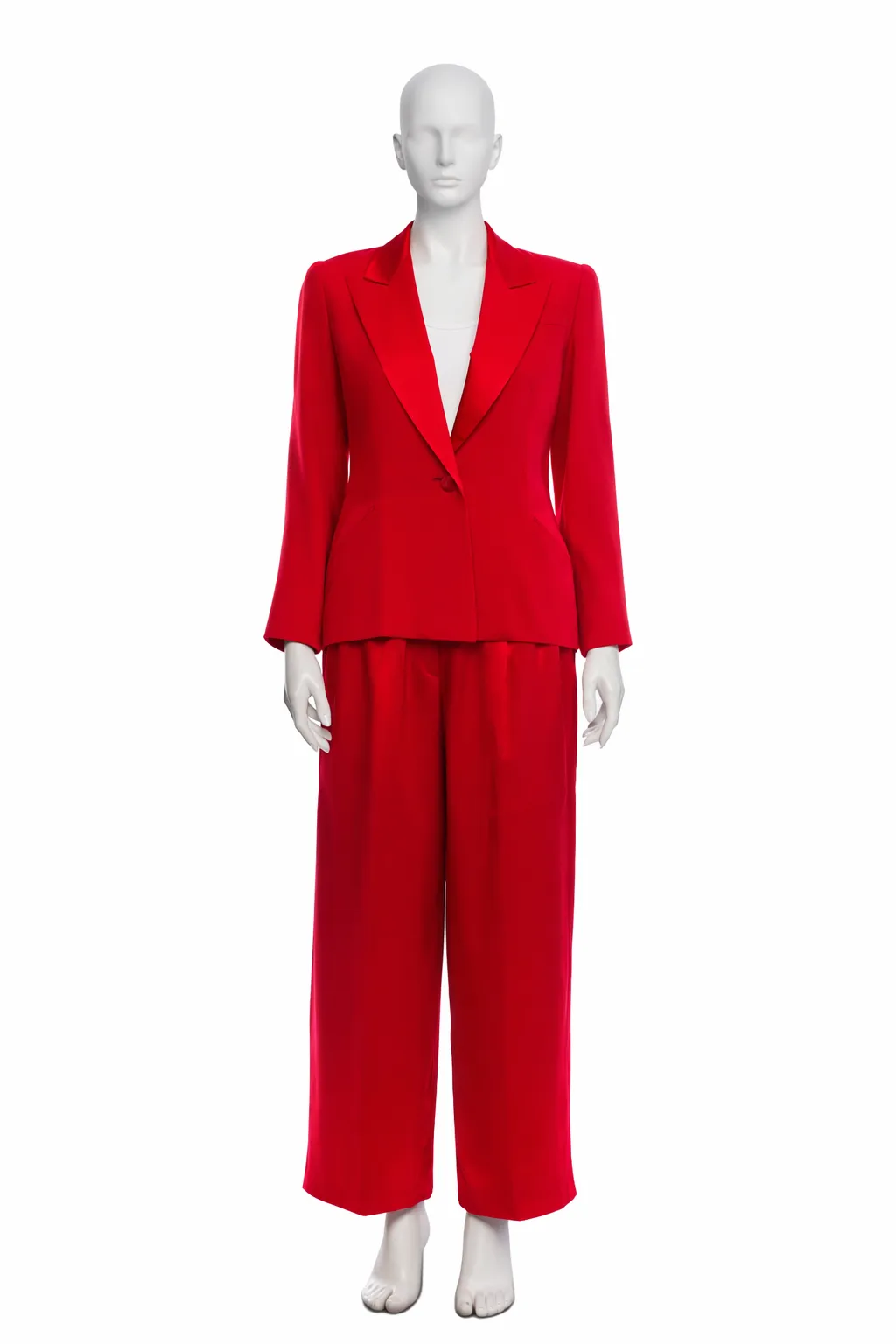 Vintage Scarlet Silk Two-Piece Suit with Wide-Leg Trousers