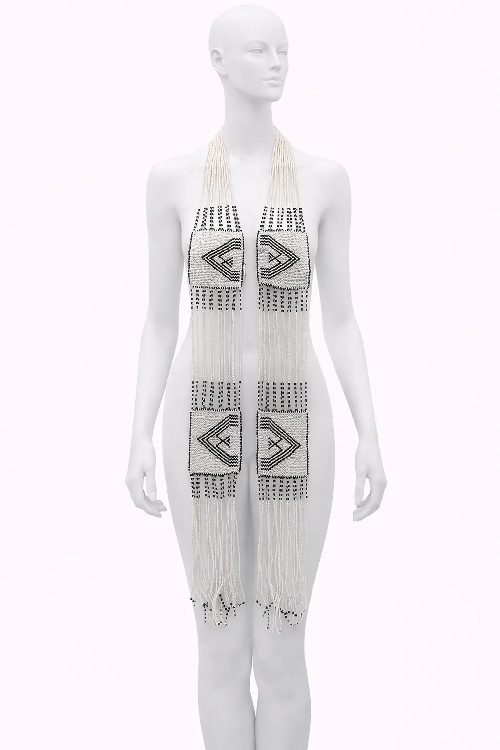 Vintage Beaded Tribal-Style Long Fringe Scarf Necklace