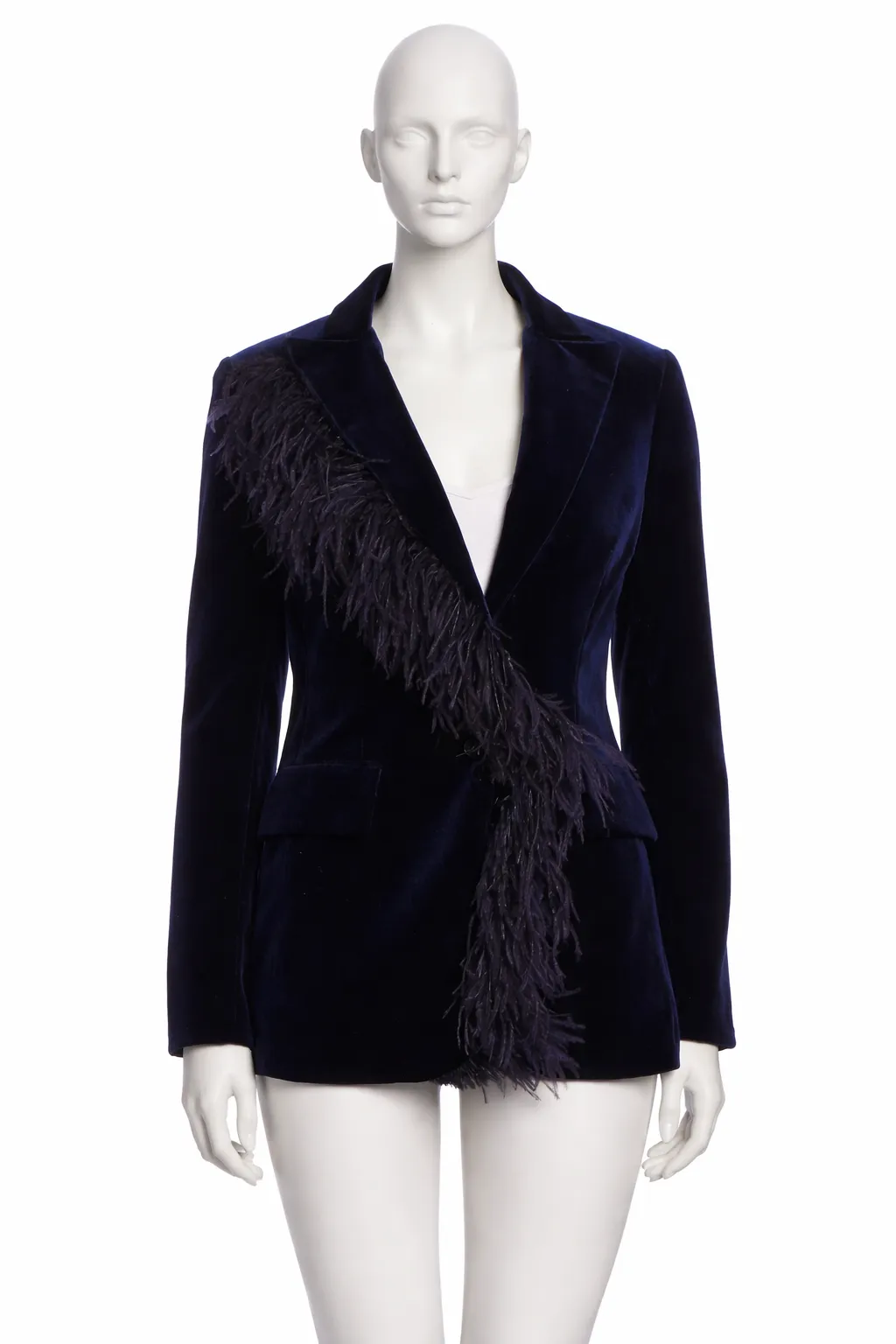 Teri Jon by Rickie Freeman Navy Velvet smoking Jacket with Ostrich Feathers 
