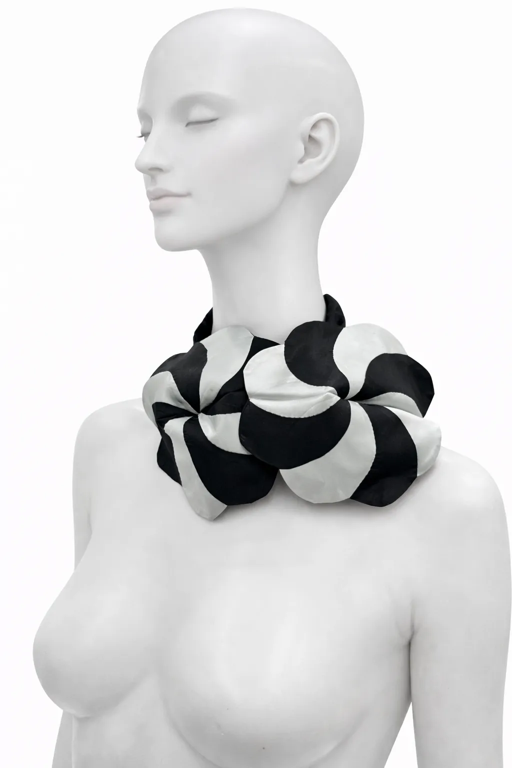 Black & White Graphic Silk Scarf Collar with Oversized Rosette