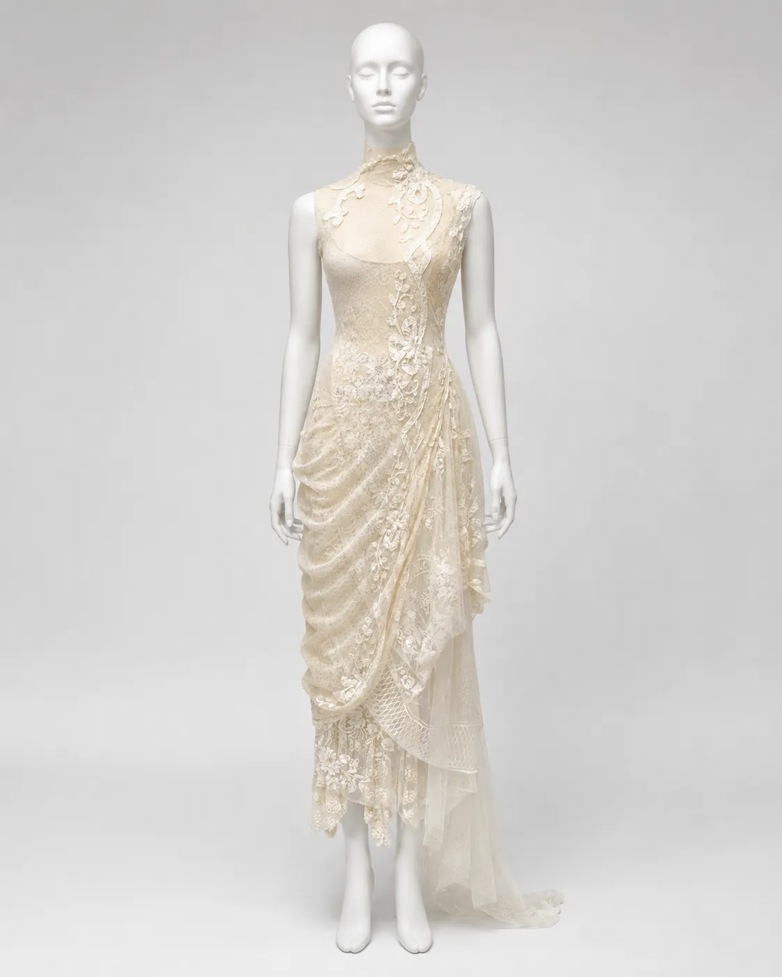 Fay Eva Couture Antique Lace Draped Dress