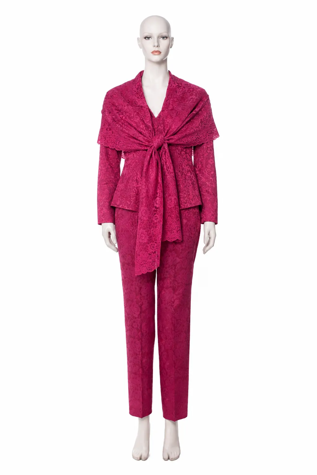 Title: Christian Dior Fall/Winter 1998 Fuchsia Lace Capelet Suit