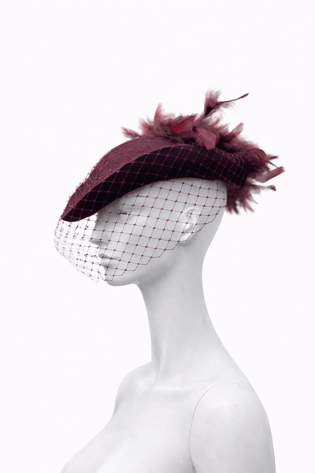 Vintage Parisian Burgundy Veiled Feather Hat