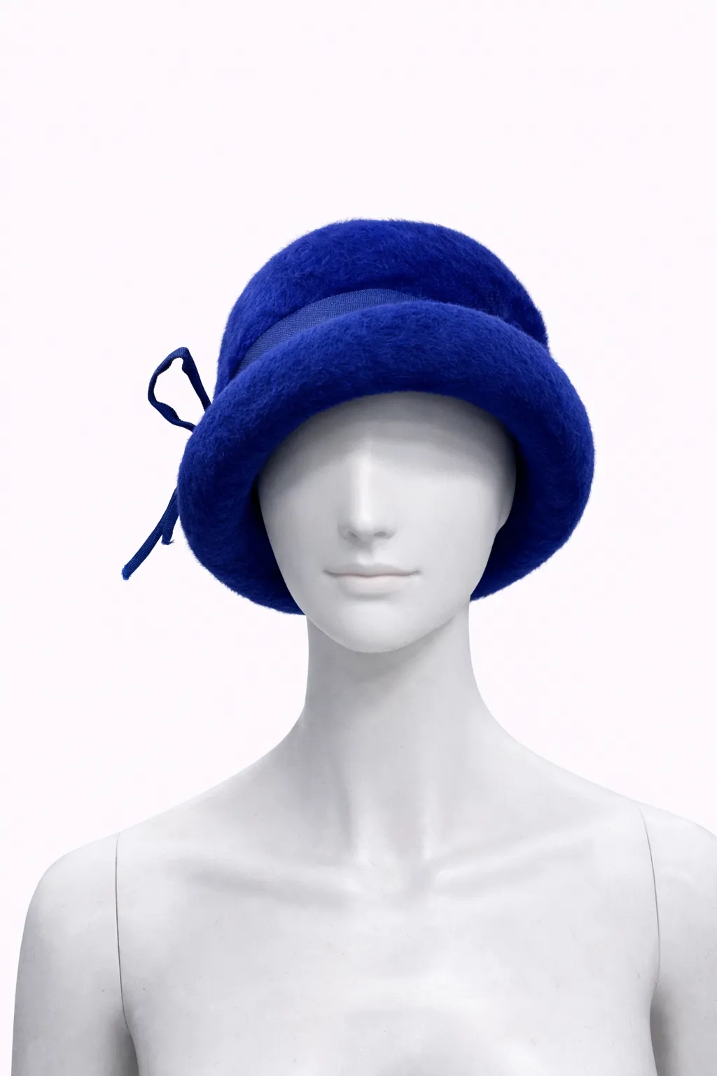1960s Cobalt Blue Fuzzy Cloche Hat with Ribbon Bow
