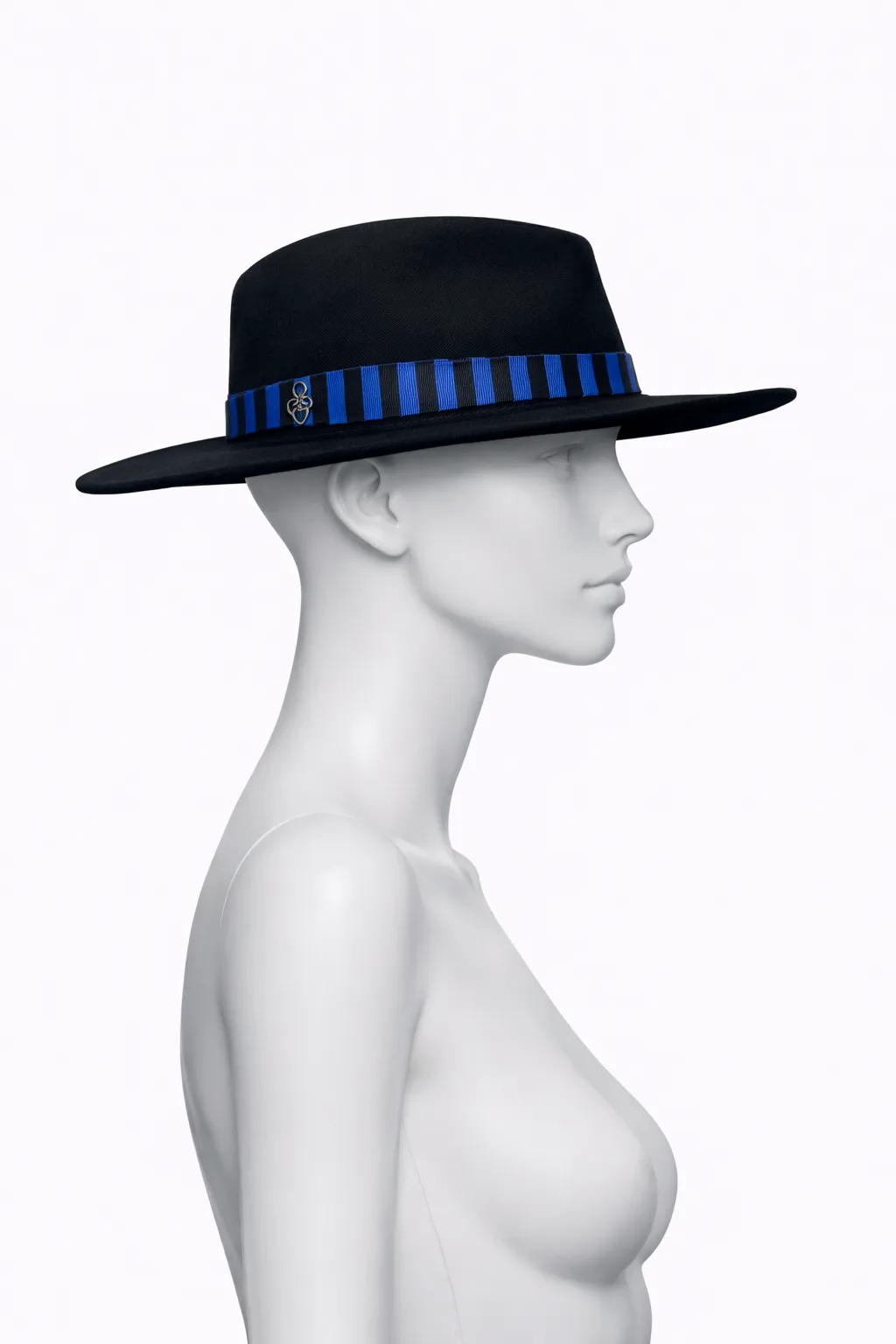Maison Michel Black Felt Boater Hat with Blue Striped Grosgrain Band