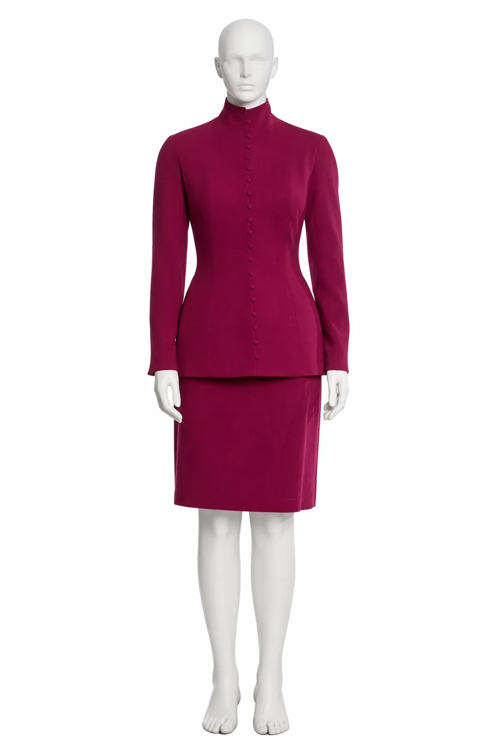 John Galliano Fall 1998 Burgundy High-Neck Skirt Suit