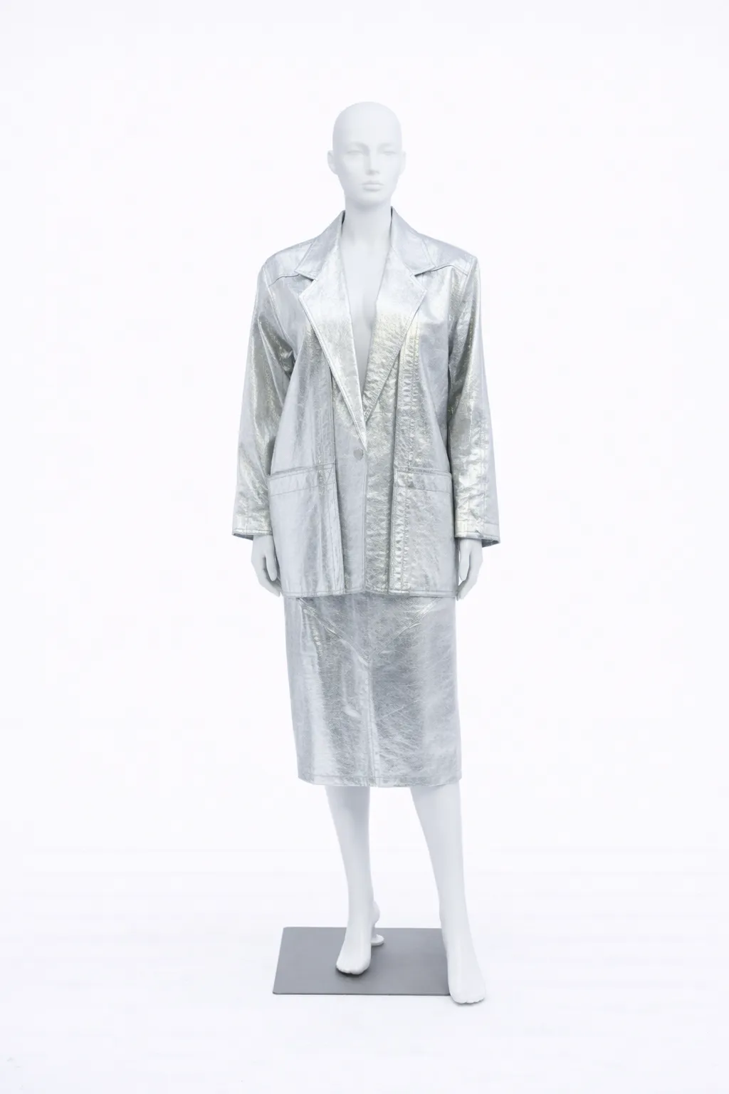 Pia Rucci Silver Leather Skirt Suit