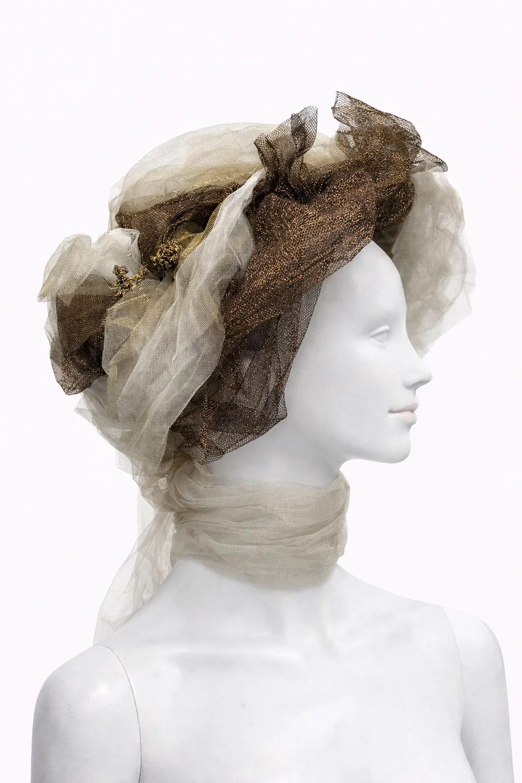 Metallic Silk Tulle Turban Headpiece with Hand-Painted Gold Real Flowers