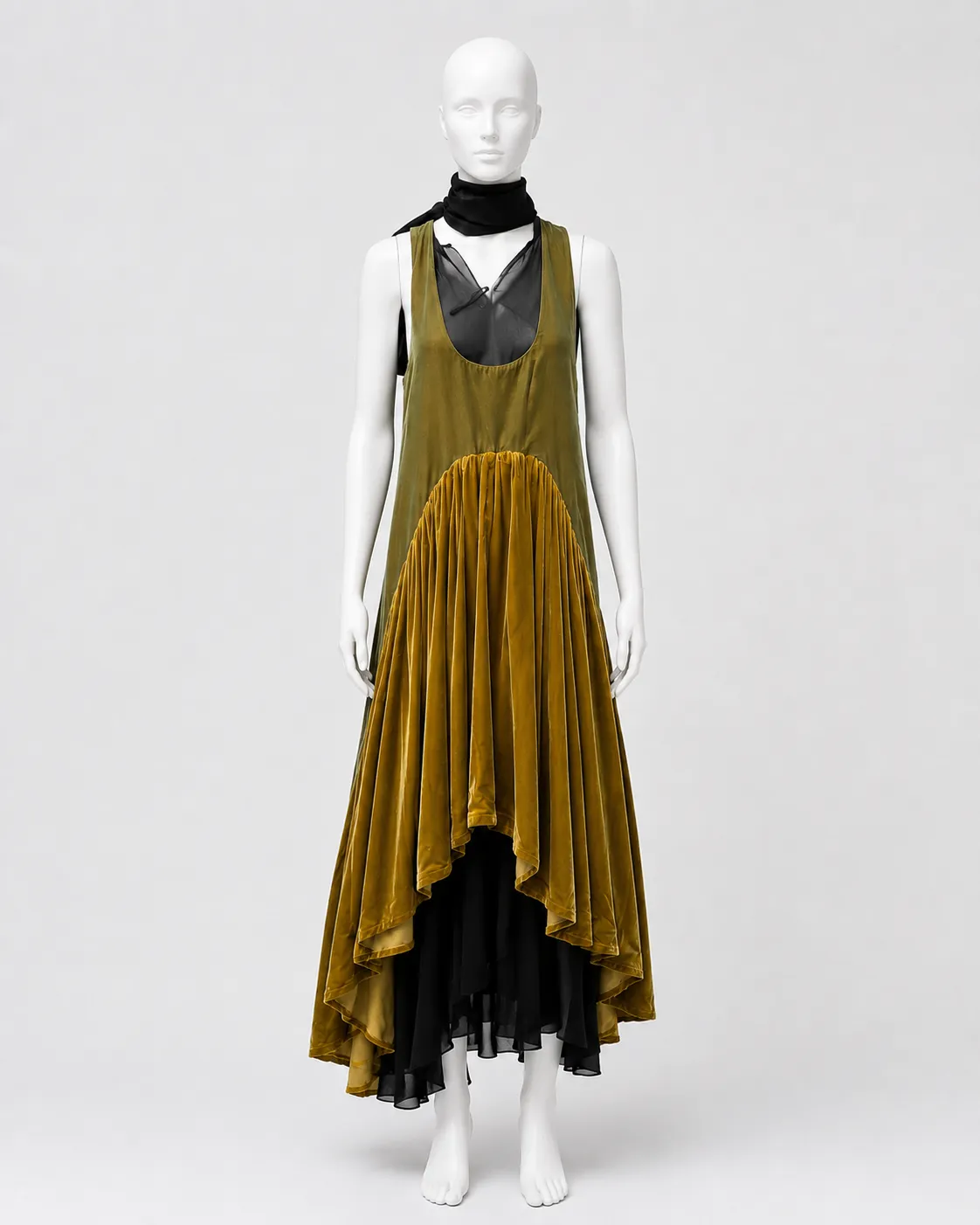 Loewe Olive and Ochre Velvet Asymmetrical Dress, Fall 2020 Look 12