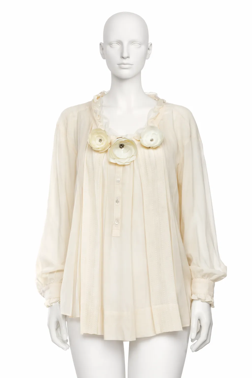 John Galliano Pleated Chiffon Blouse with Flower Brooches 