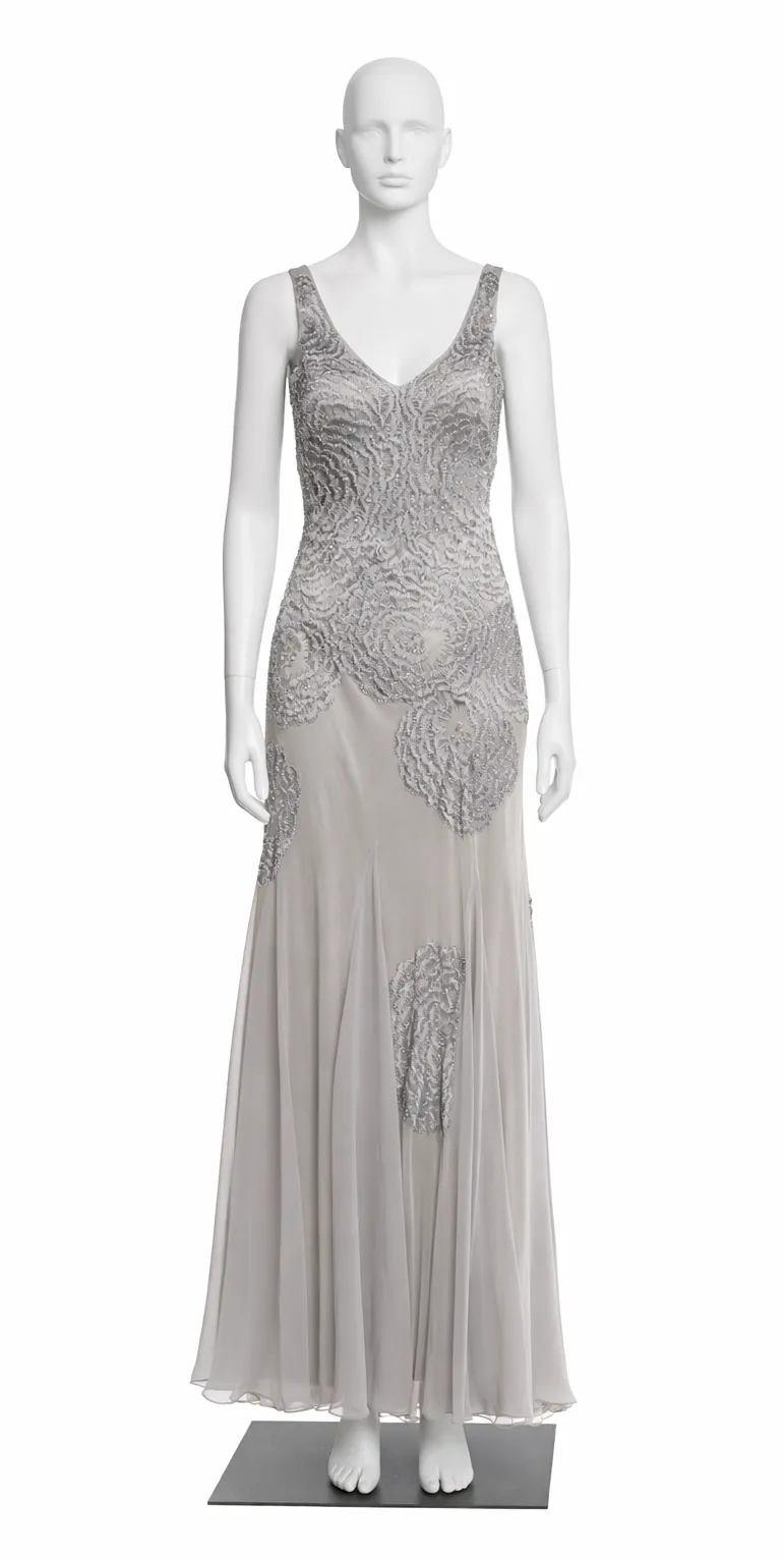 Sue Wong Circa 1990s Silver Beaded Lace & Chiffon Deep-V Back Gown