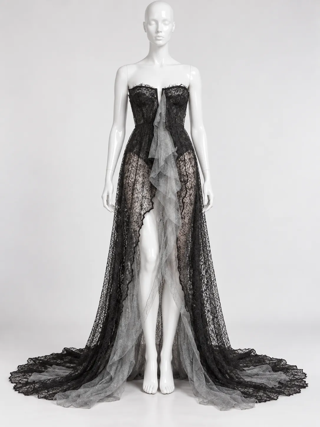 Fay Eva Couture Circa 2000 Black Lace Bodysuit with Metallic Tulle Train