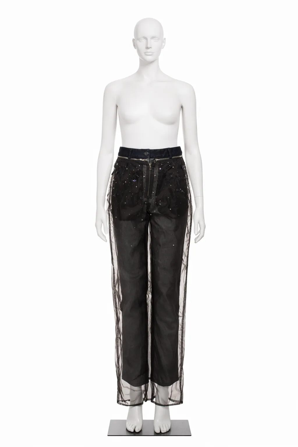 Jean Paul Gaultier Low Rise Jeans With Embellished Mesh Overlay