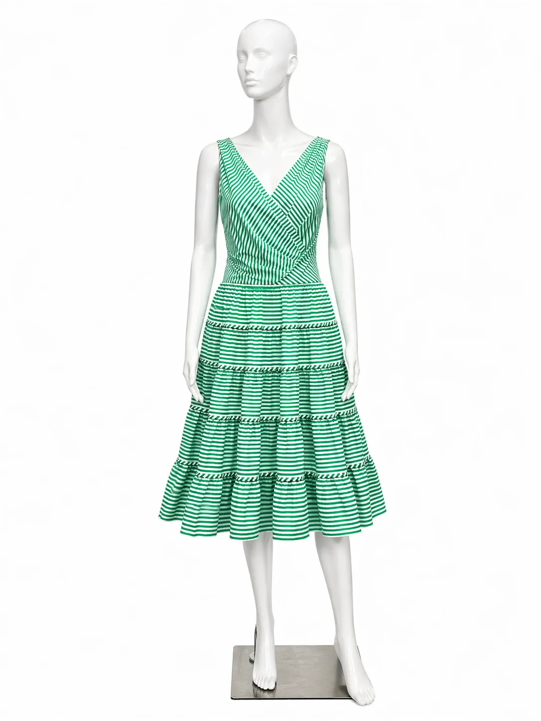 Oscar de la Renta Green Striped Tiered Cotton Day Dress