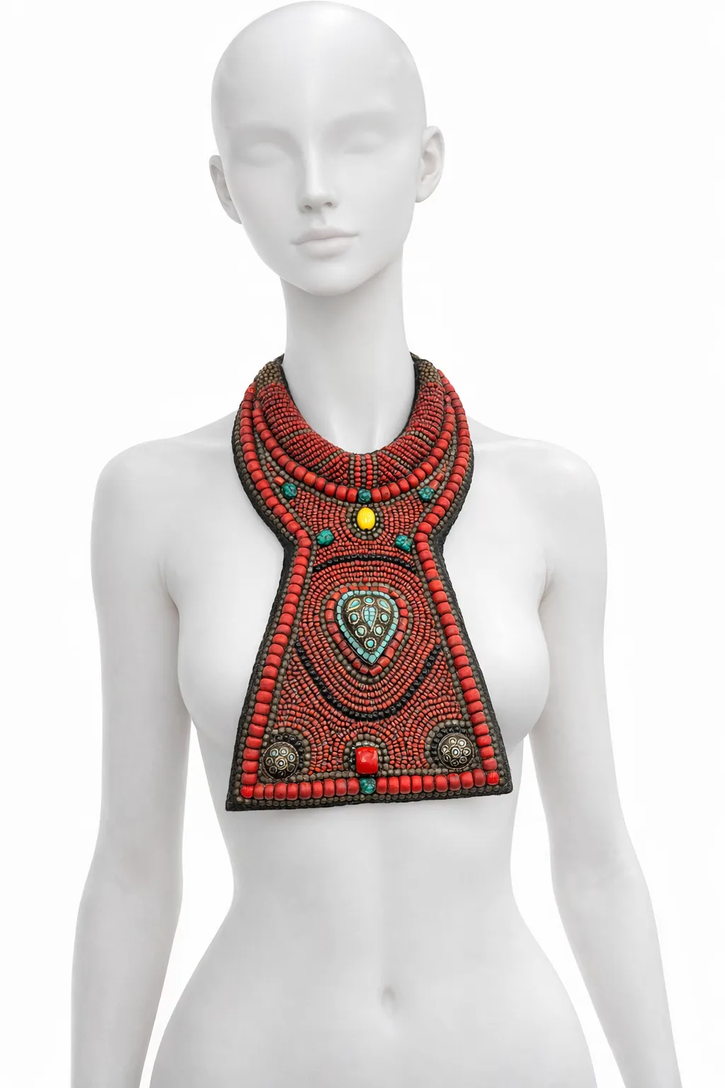 Tibetan Coral & Turquoise Beaded Bib Necklace