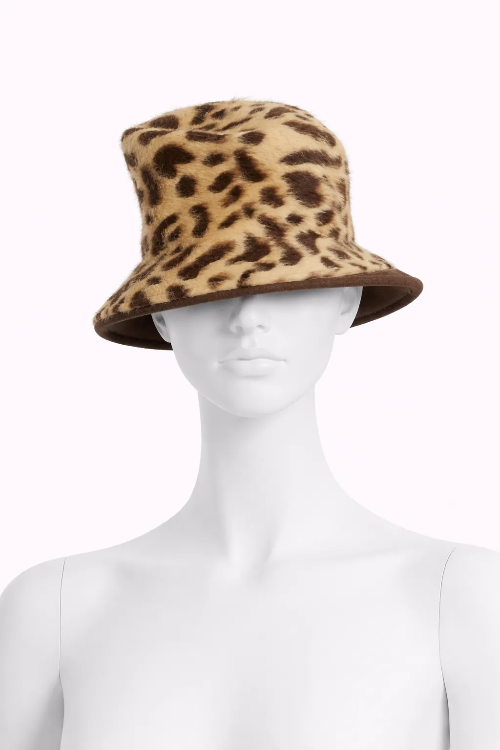 Philip Treacy Leopard-Print Faux Fur Bucket Hat with Chocolate Felt Brim