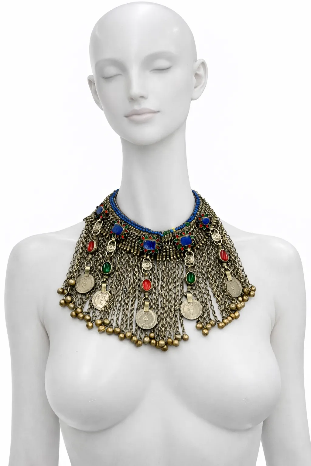 Vintage Tibetan Chain-Fringe Collar Necklace with Coins & Cabochon Accents