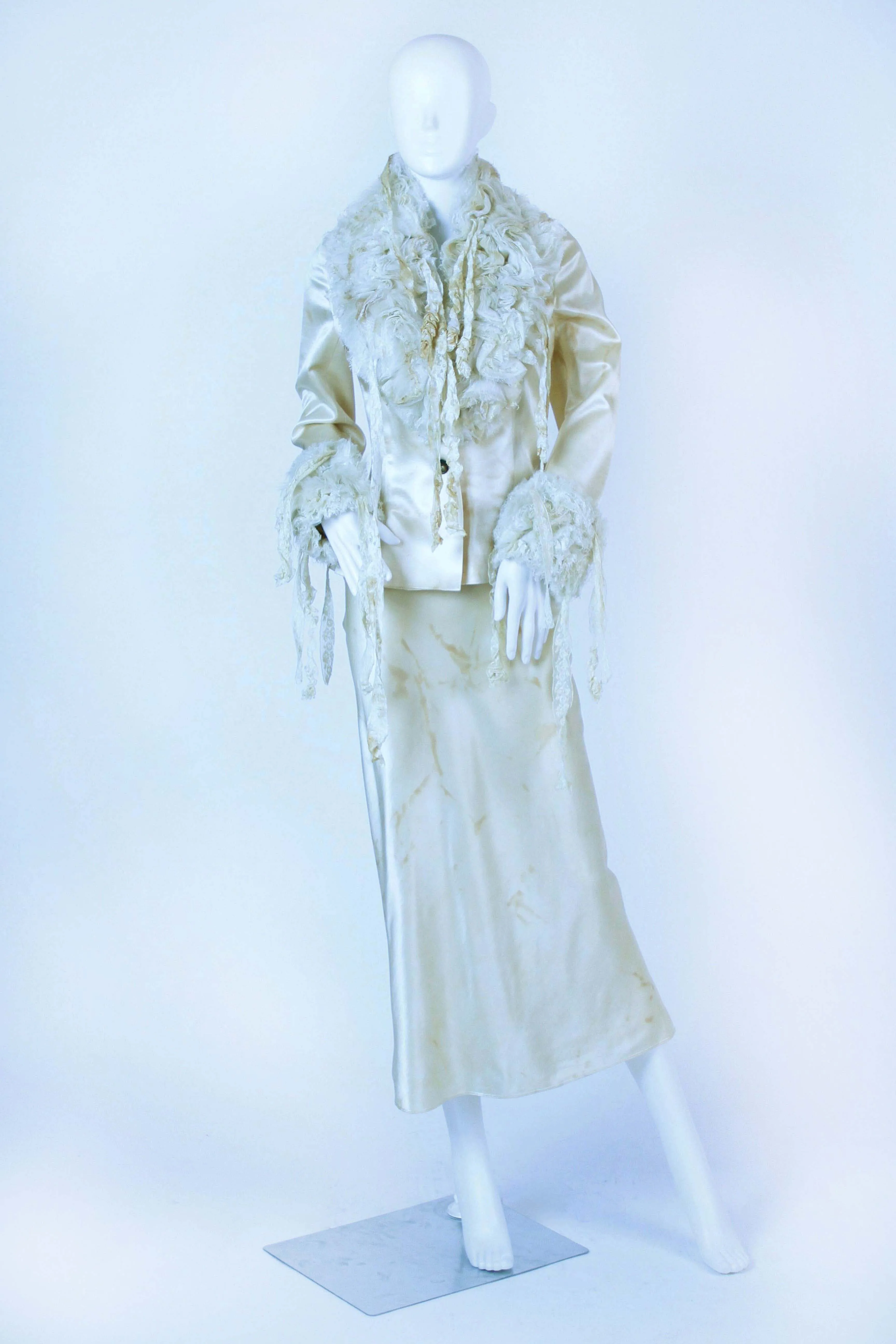 John Galliano Silk Skirt Suit with Fur and Chiffon Collar and Cuffs