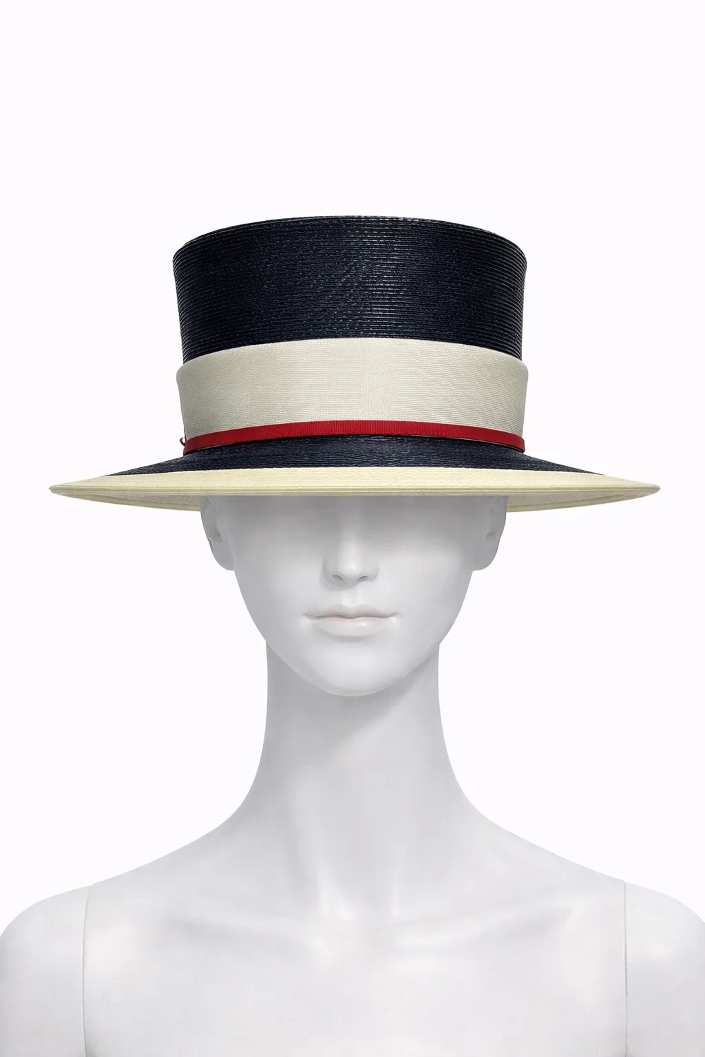 Vintage Color block Straw High Crown Boater Hat with Red Grosgrain Trim