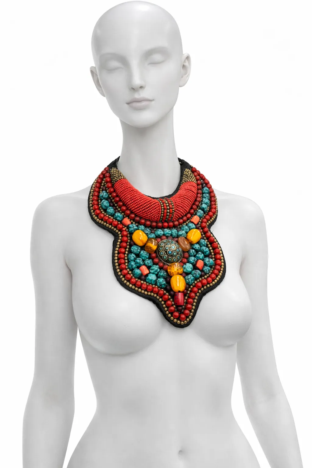Tibetan Turquoise & Coral Beaded Bib Necklace