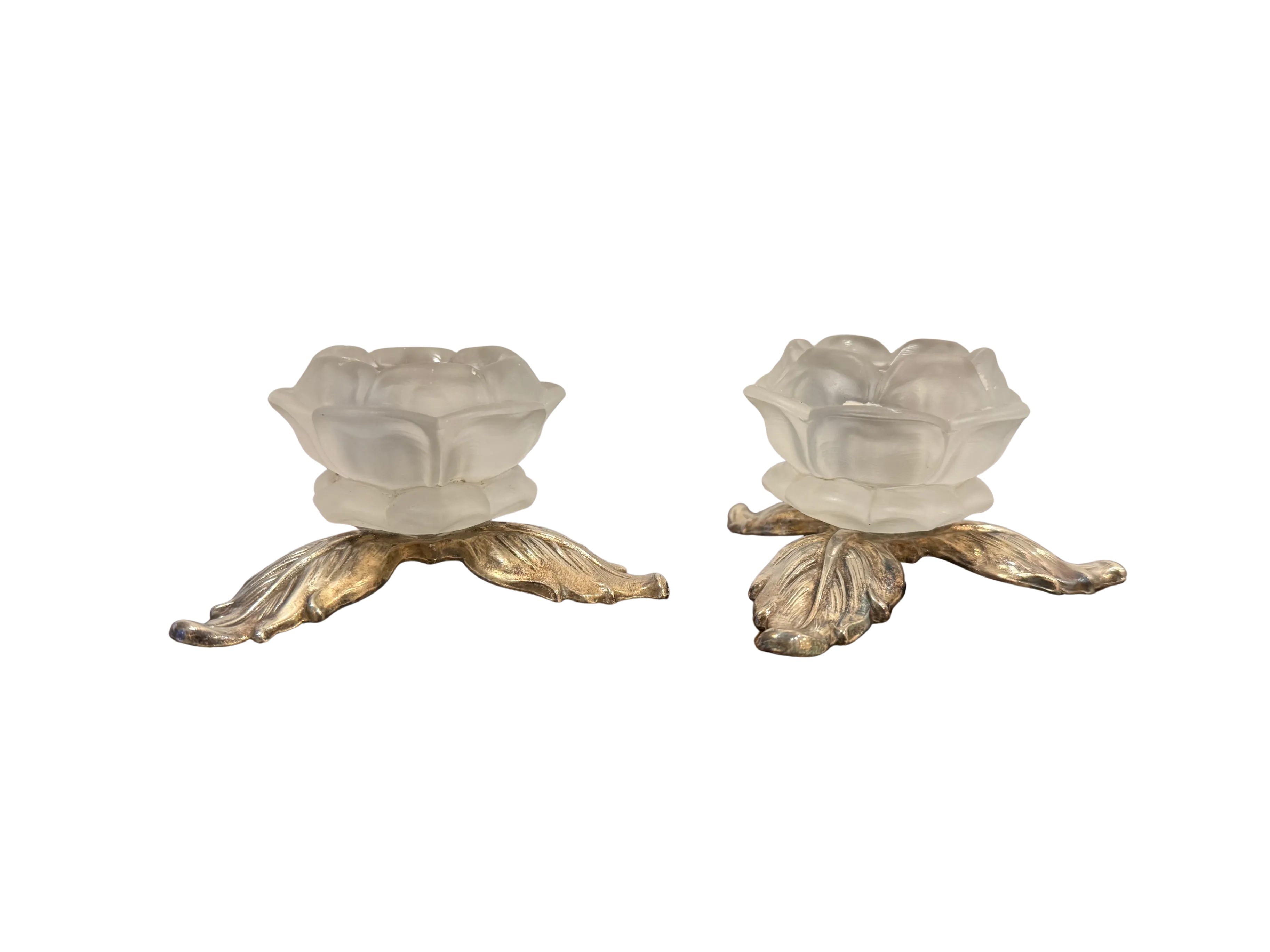 Frosted Glass & Silver Floral Candle Holders (Set of 2)
