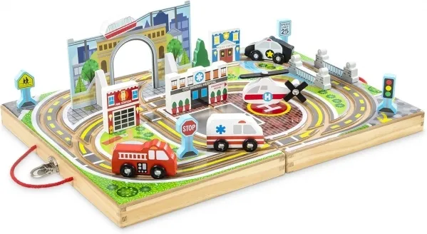 Melissa & Doug 18-Piece Wooden Take-Along Tabletop Town, 4 Rescue Vehicles, Play Pieces, Bridge