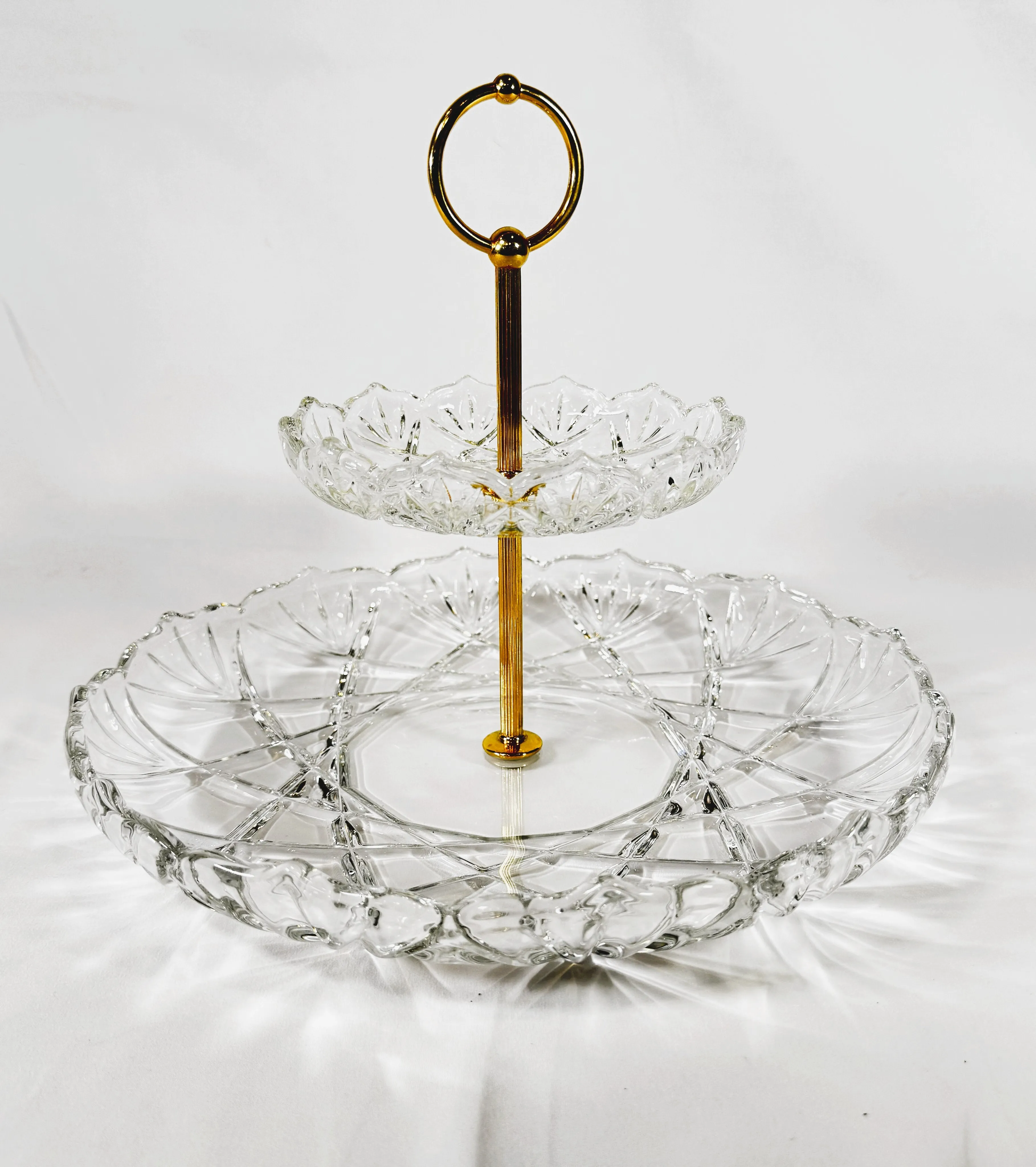  Crystal 2 Tier Serving Dish with Gold Handle