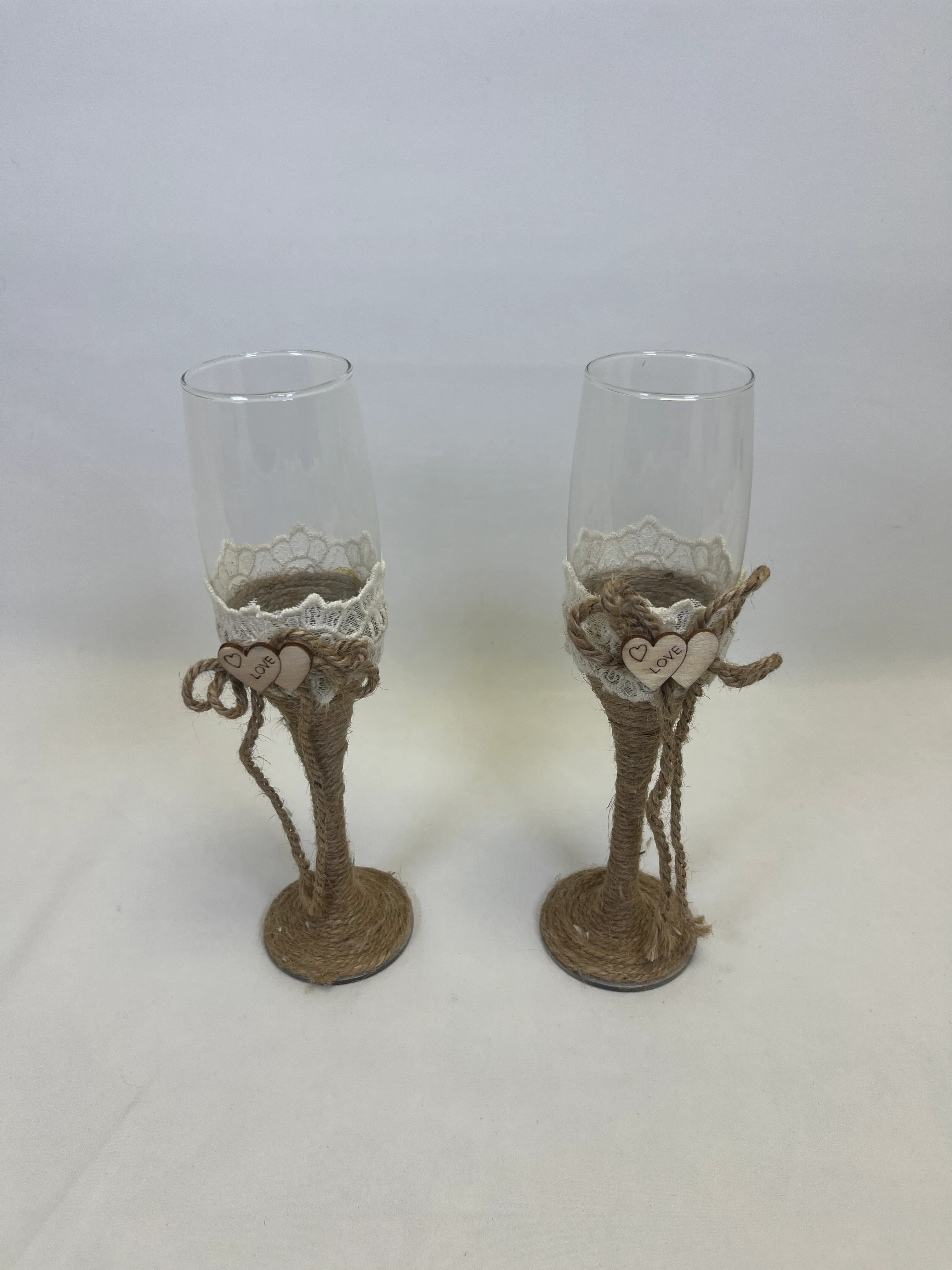 His & Hers Champagne Glasses with Rope & Love Charm