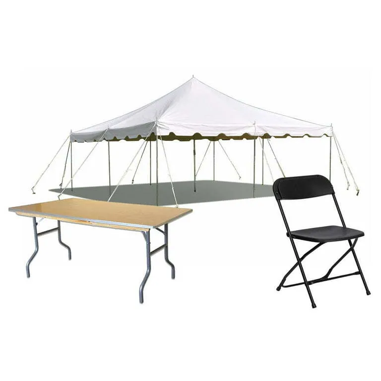 20x20 pole tent bundle with table and chairs 24hrs. residental