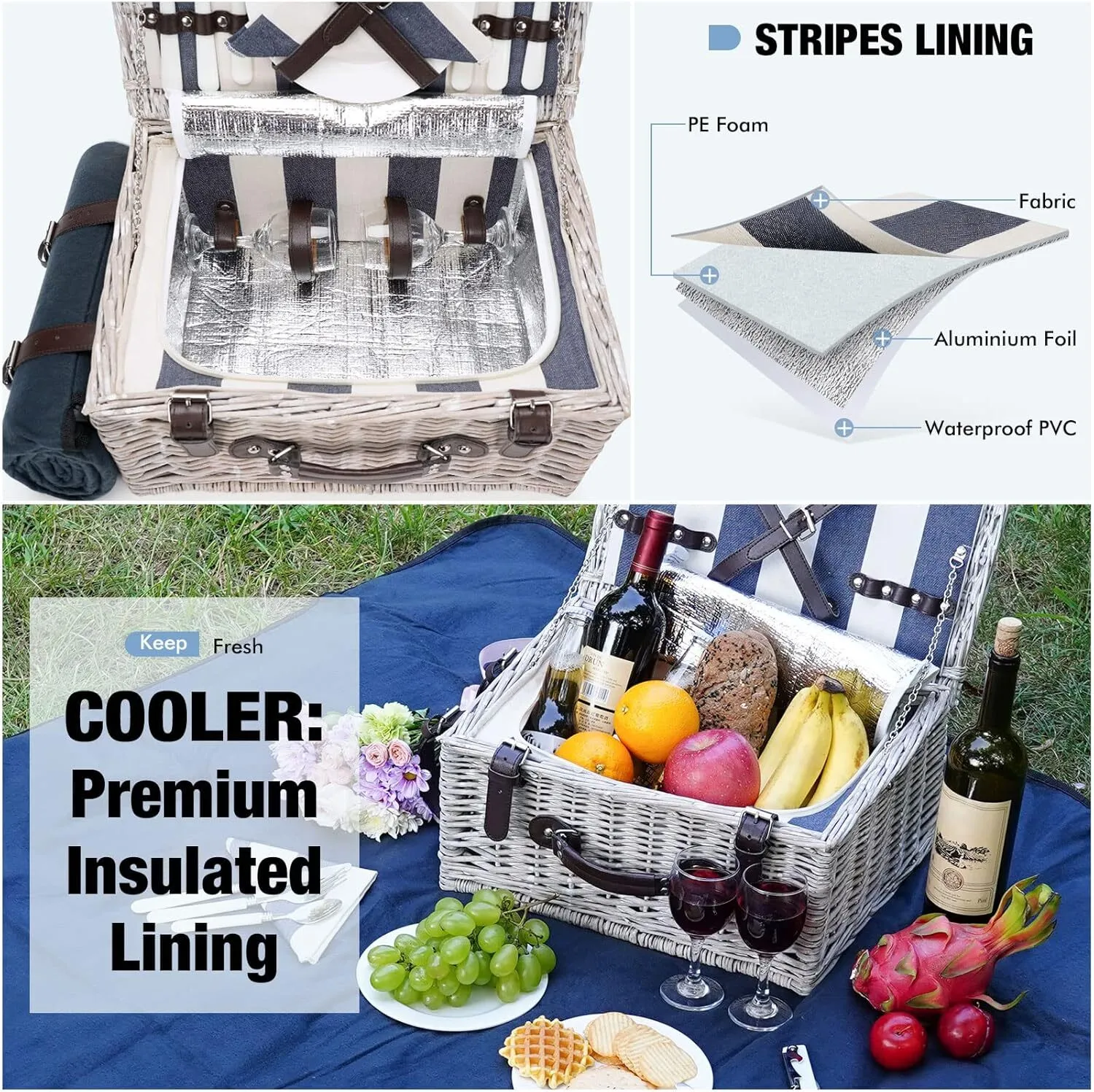 Happy Picnic Wicker Basket - 4 person