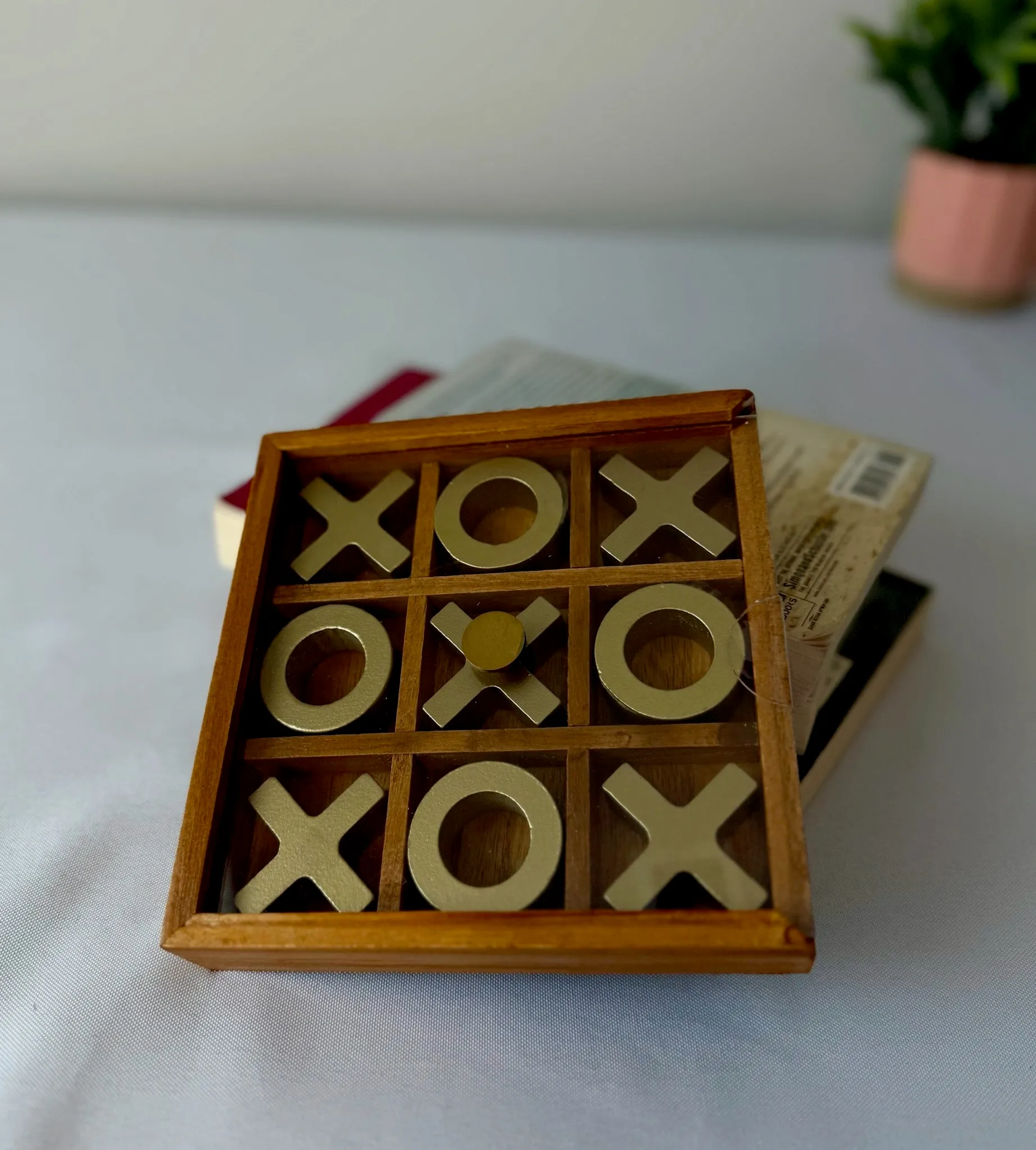 Decorative Gold and Wood Tabletop Tic Tac Toe 