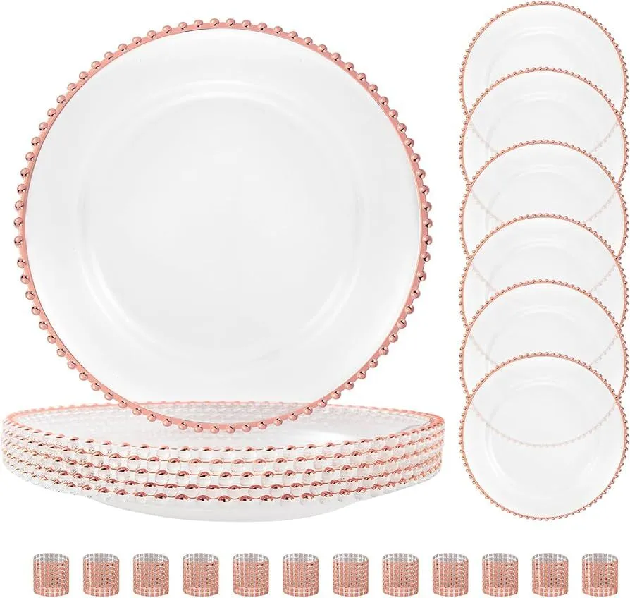 Clear Acrylic Round Charger Plates With Beaded Rim - Rose Gold