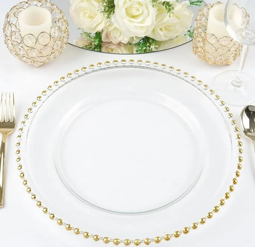 Clear Acrylic Round Charger Plates With Beaded Rim - Gold