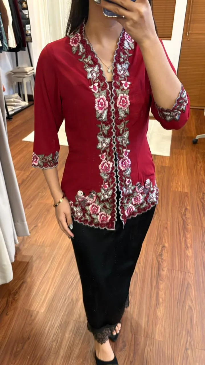 RD-0472 - Non & Nik - Kebaya Encim with Flower & Bird Embroidery in Maroon