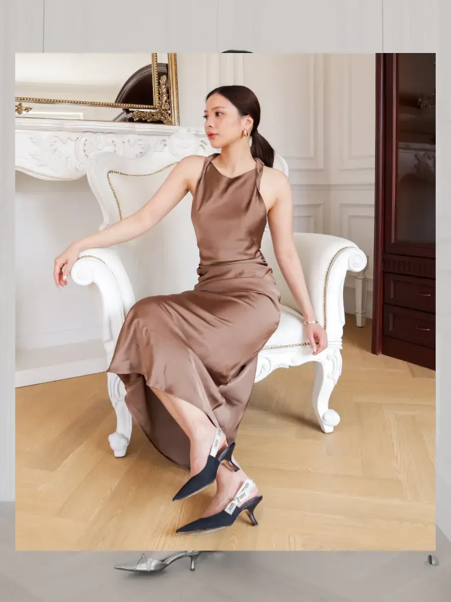 RD-0408 - By Verse - Verra Dress Satin Twist Neckline in Brunette