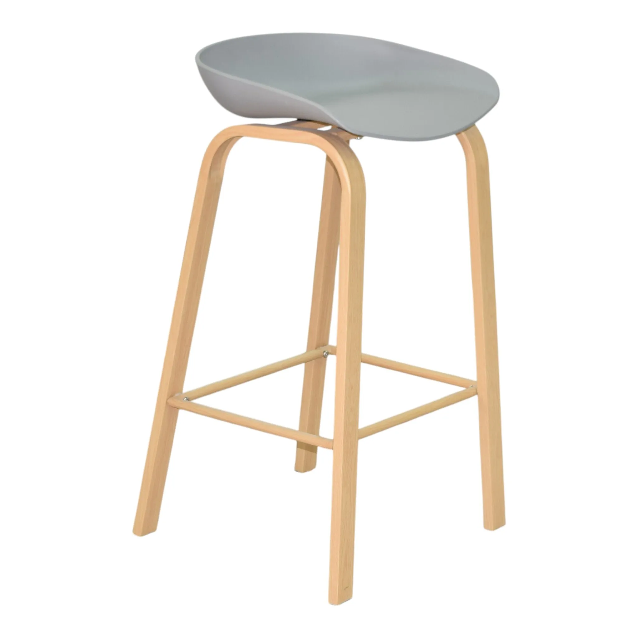 Grey Plastic Barstool with Wood‑Finish Steel Legs