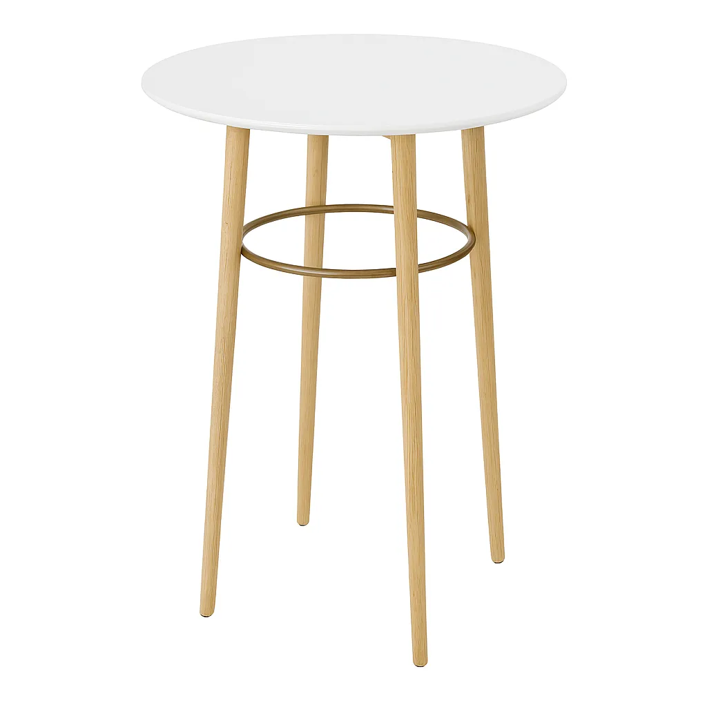 White Round top with Beech Wood Leg and Wood Metal Ring