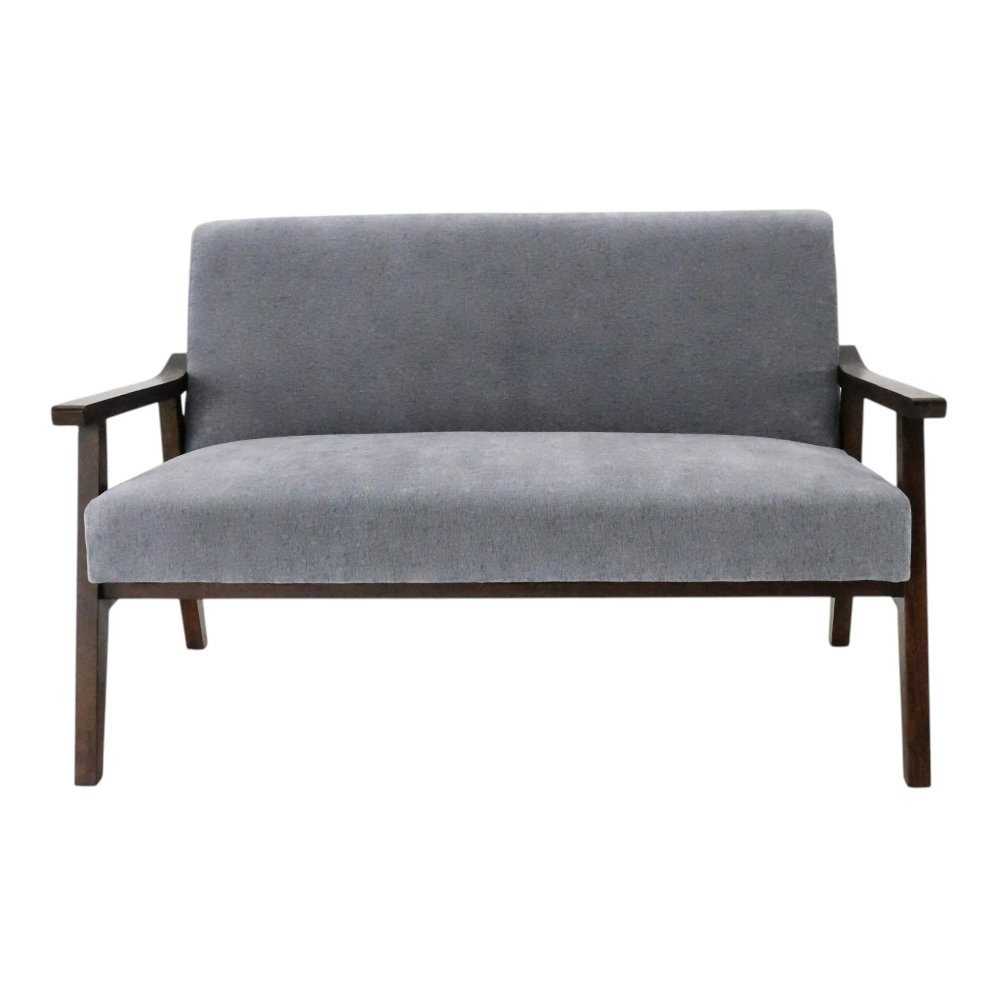 Grey Fabric Double Sofa Brown Wooden Frame