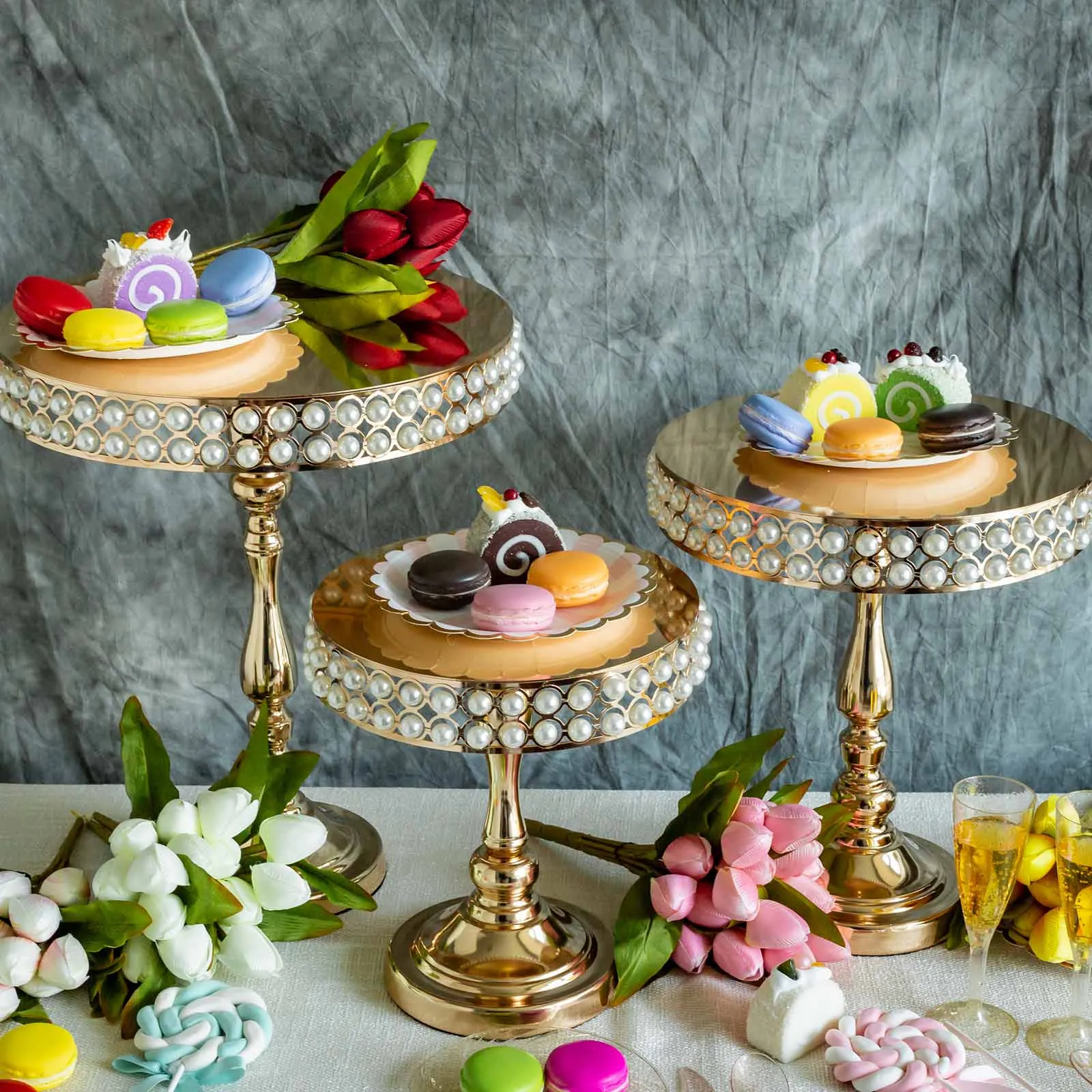 Gold Pearl Beaded  Cake Stands  Set (3) 