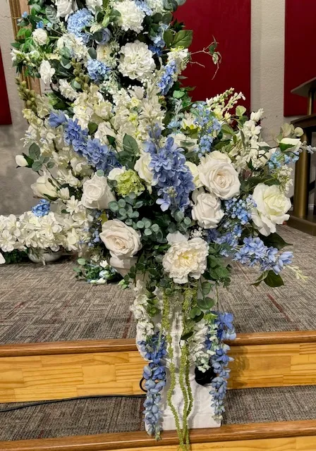  White Urns (2) Set  With White/ Cream/ Green Faux Florals