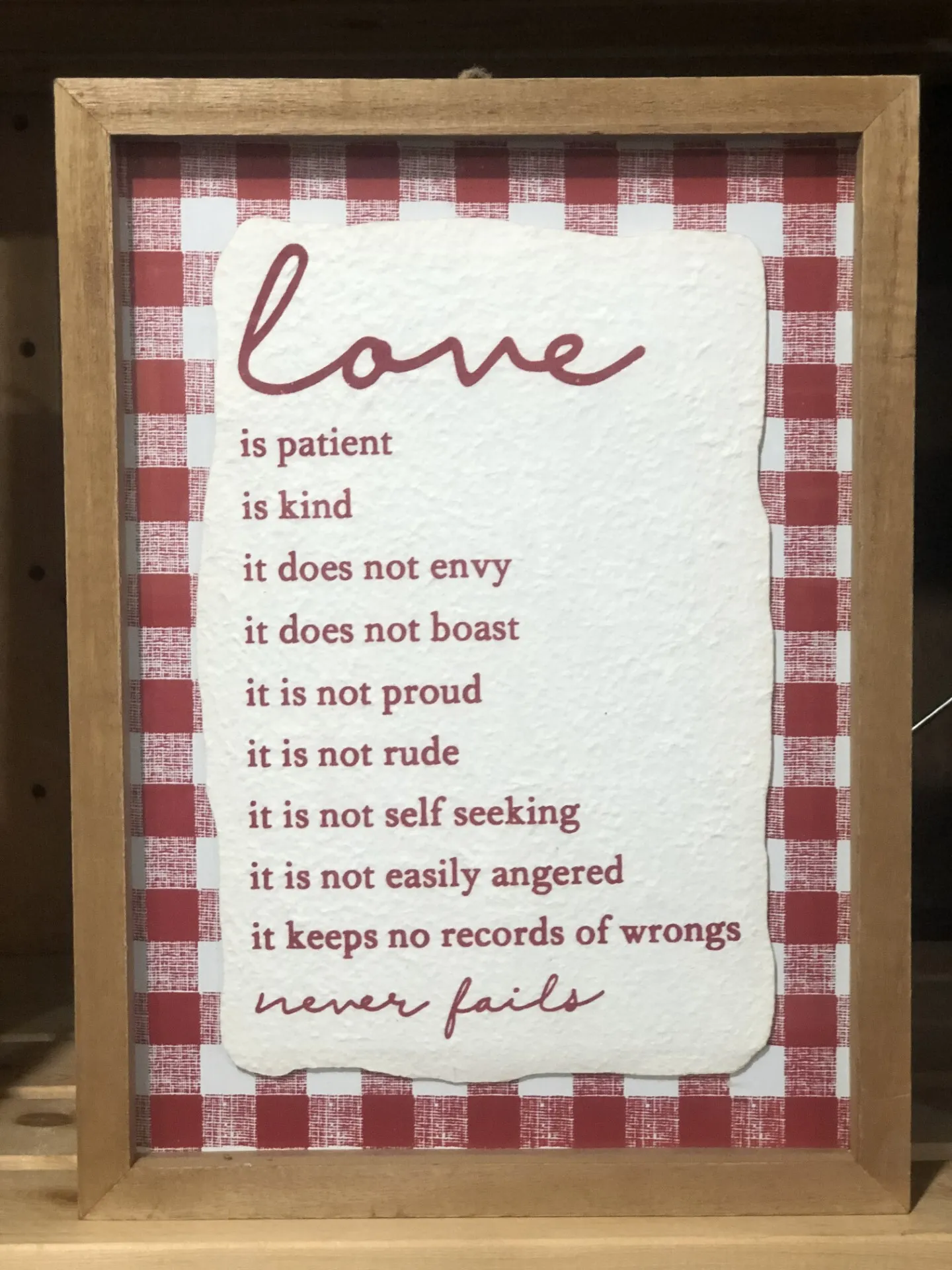 Sign - Love Is... 1 Corinthians 13:4, 7-8 Red Plaid