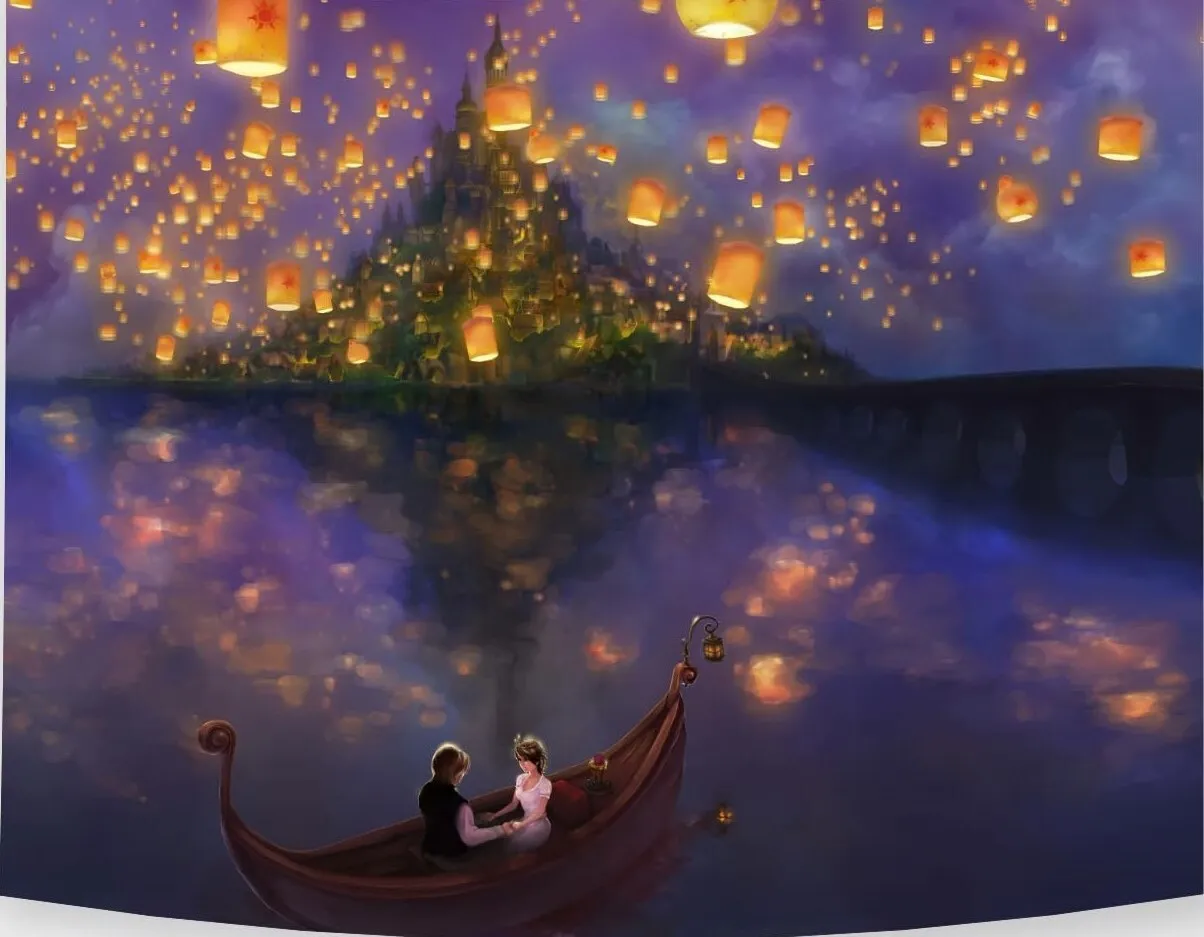 Floating Lantern Night Sky Castle Tapestry 60"H x 80"W
