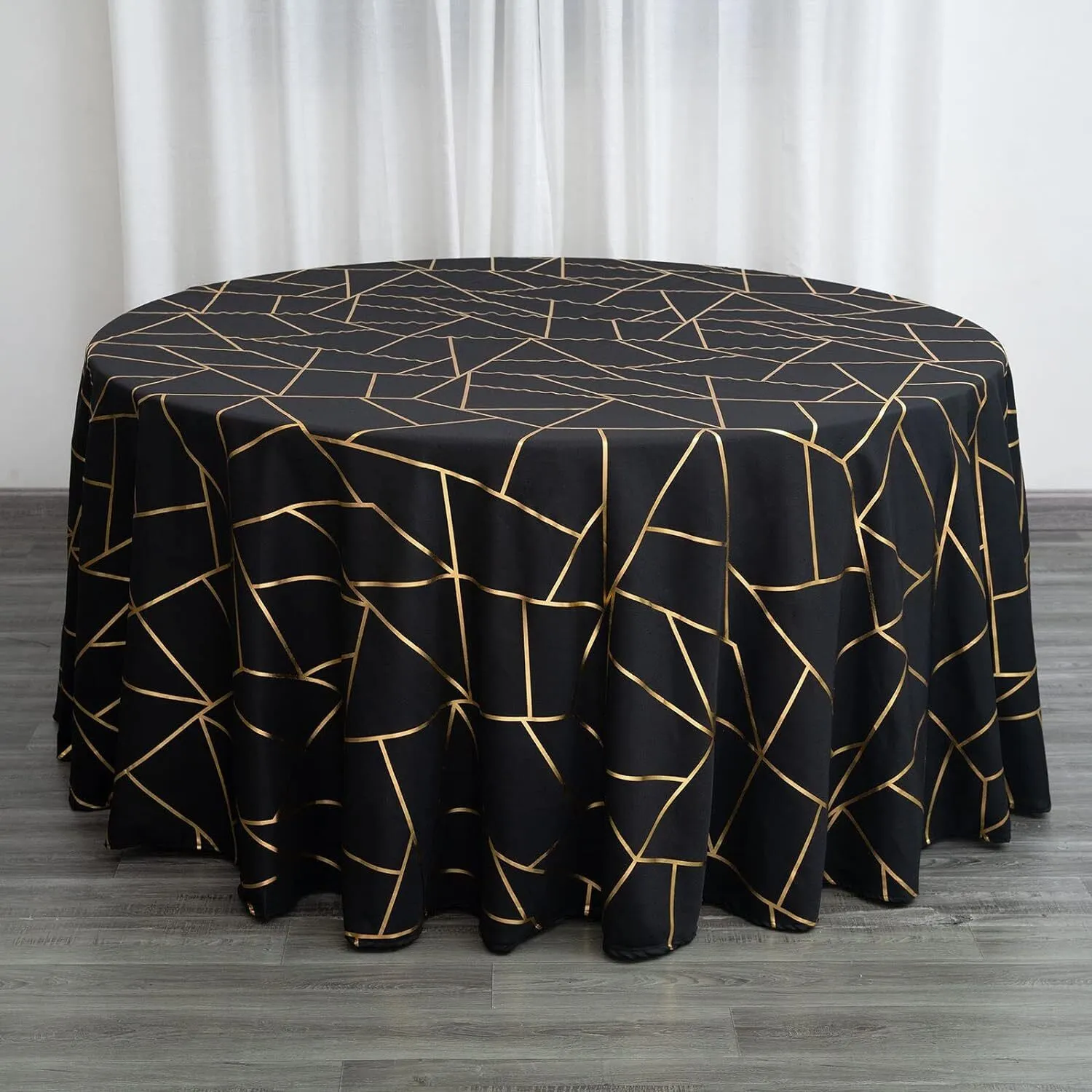 Tablecloth - Round 120" Polyester - Black and Gold Geometric Pattern