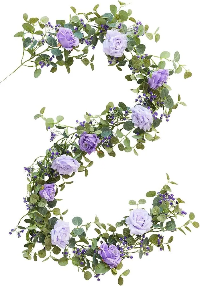 Artificial Eucalyptus Garland with Purple Flowers 5.91FT 